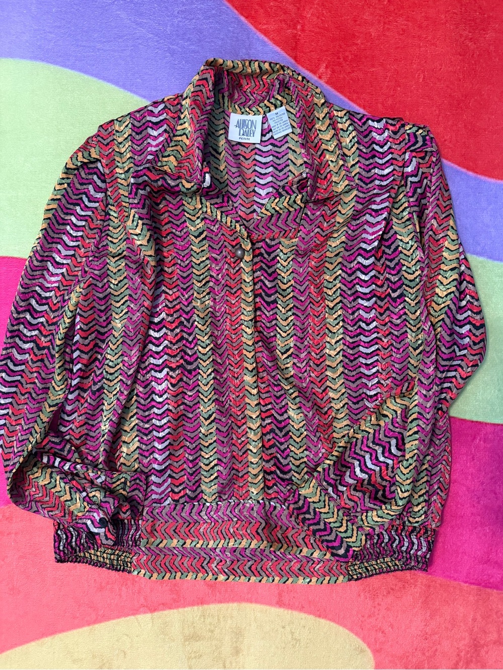 Vintage Allison Daley Pink Multicolor Chevron-Stripe Women's Blouse
